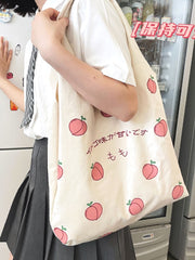 Futurecen - Japanese Letter & Peach Graphic Shopper Bag  - Women Tote Bags