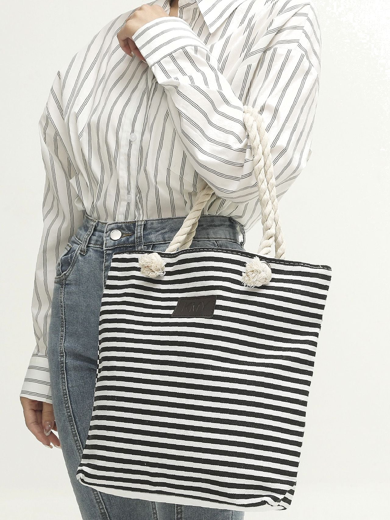 Futurecen - Striped Pattern Patch Decor Shoulder Tote Bag  - Women Tote Bags