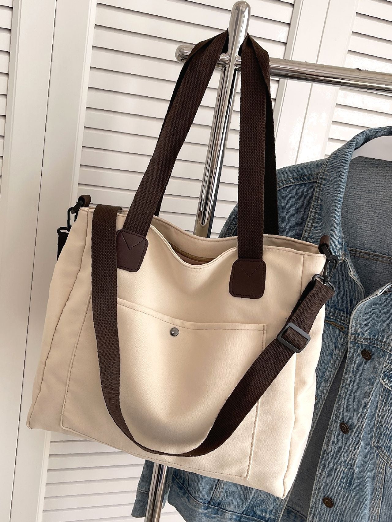 Futurecen - Contrast Binding Snap Button Detail Shopper Bag  - Women Tote Bags