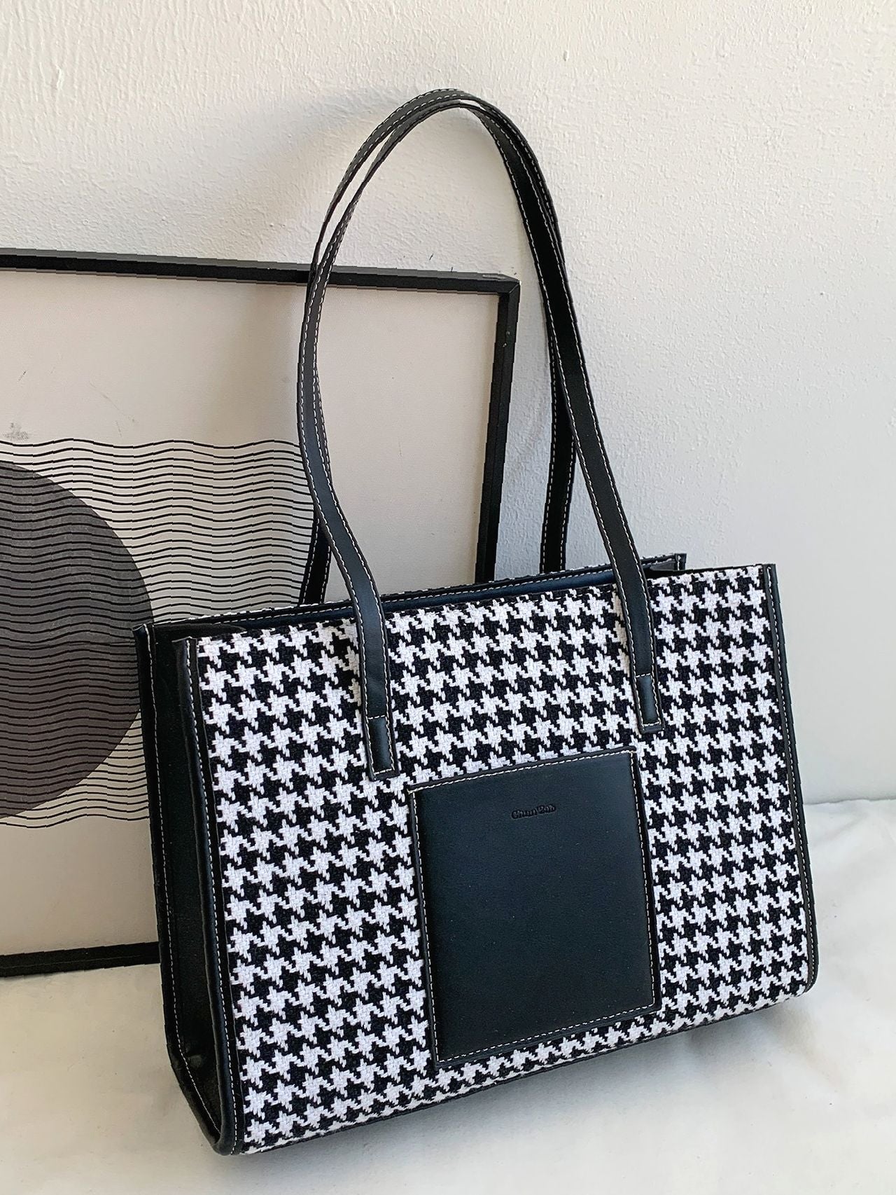 Futurecen - Houndstooth Pattern Shoulder Tote Bag  - Women Tote Bags