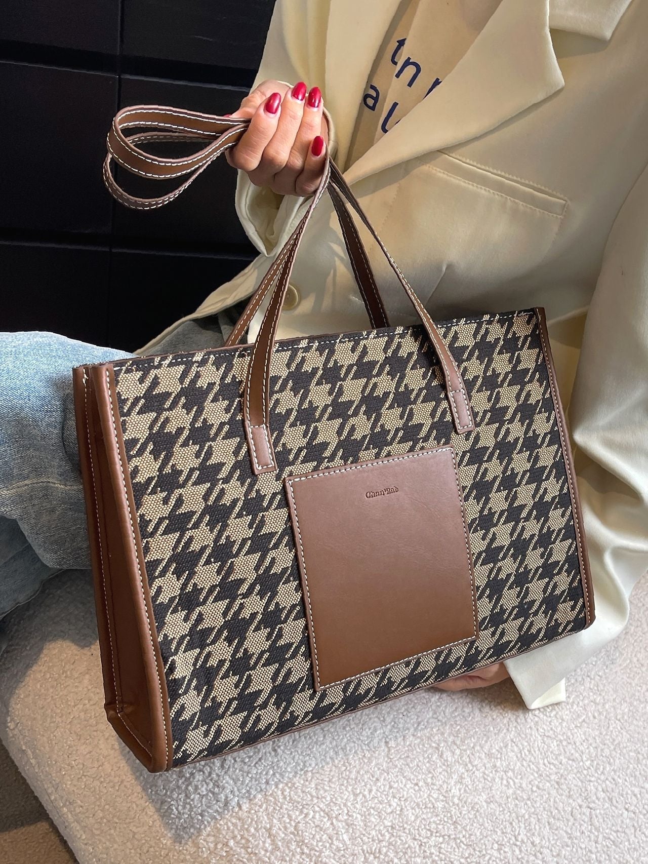 Futurecen - Houndstooth Pattern Shoulder Tote Bag  - Women Tote Bags