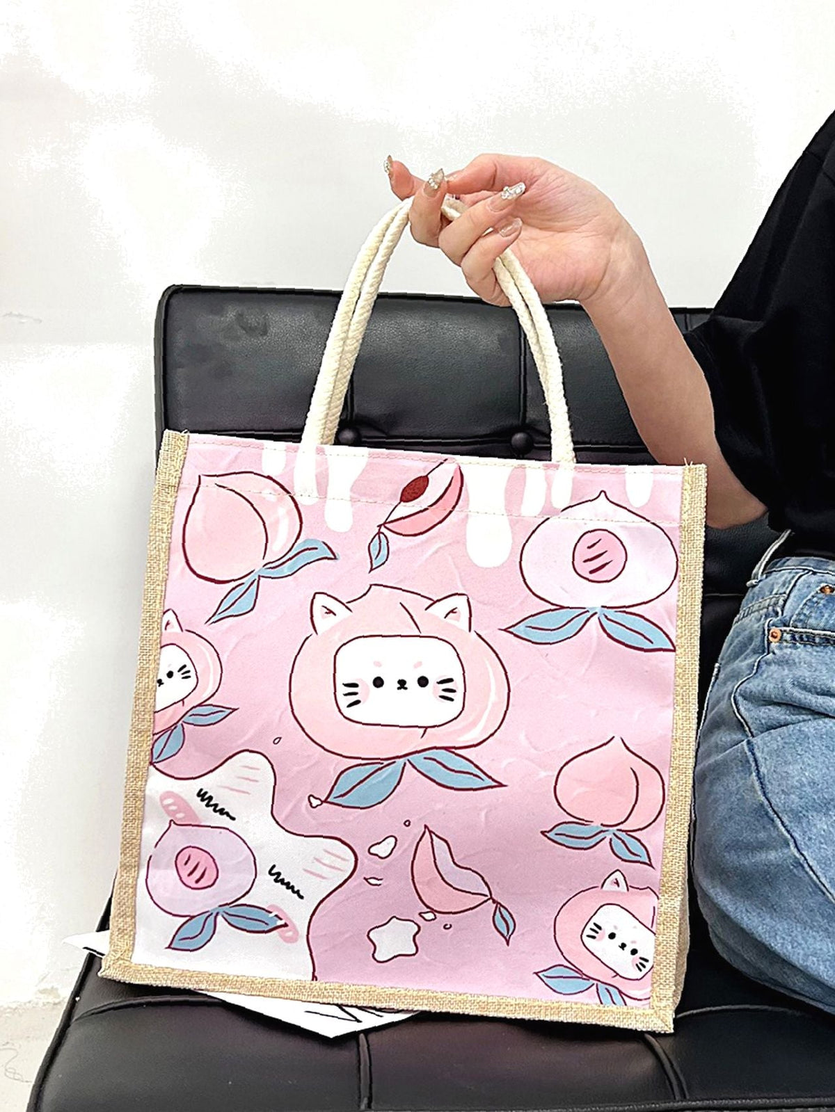 Futurecen - Cartoon & Peach Graphic Shopper Bag  - Women Tote Bags