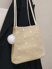 Futurecen - Daisy Pattern Straw Bag with Bag Charm  - Women Tote Bags