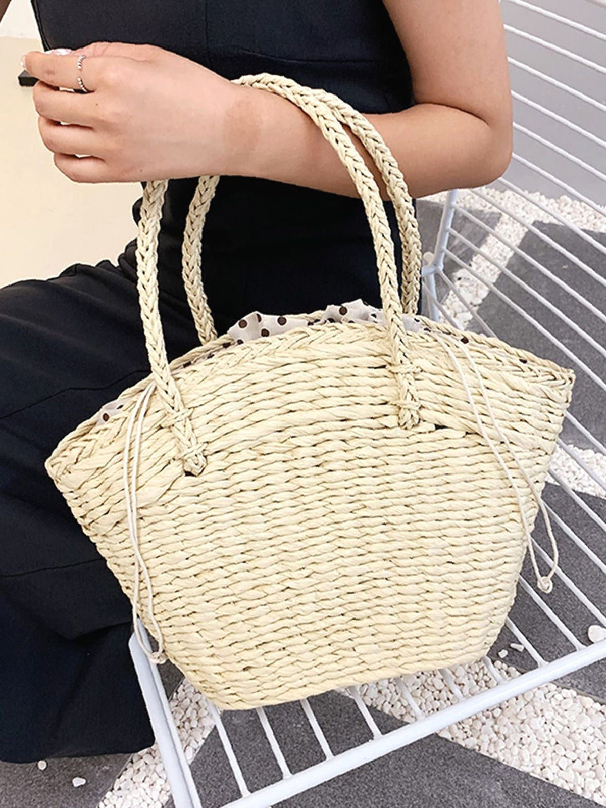 Futurecen - Polka Dot Drawstring Detail Straw Bag  - Women Tote Bags