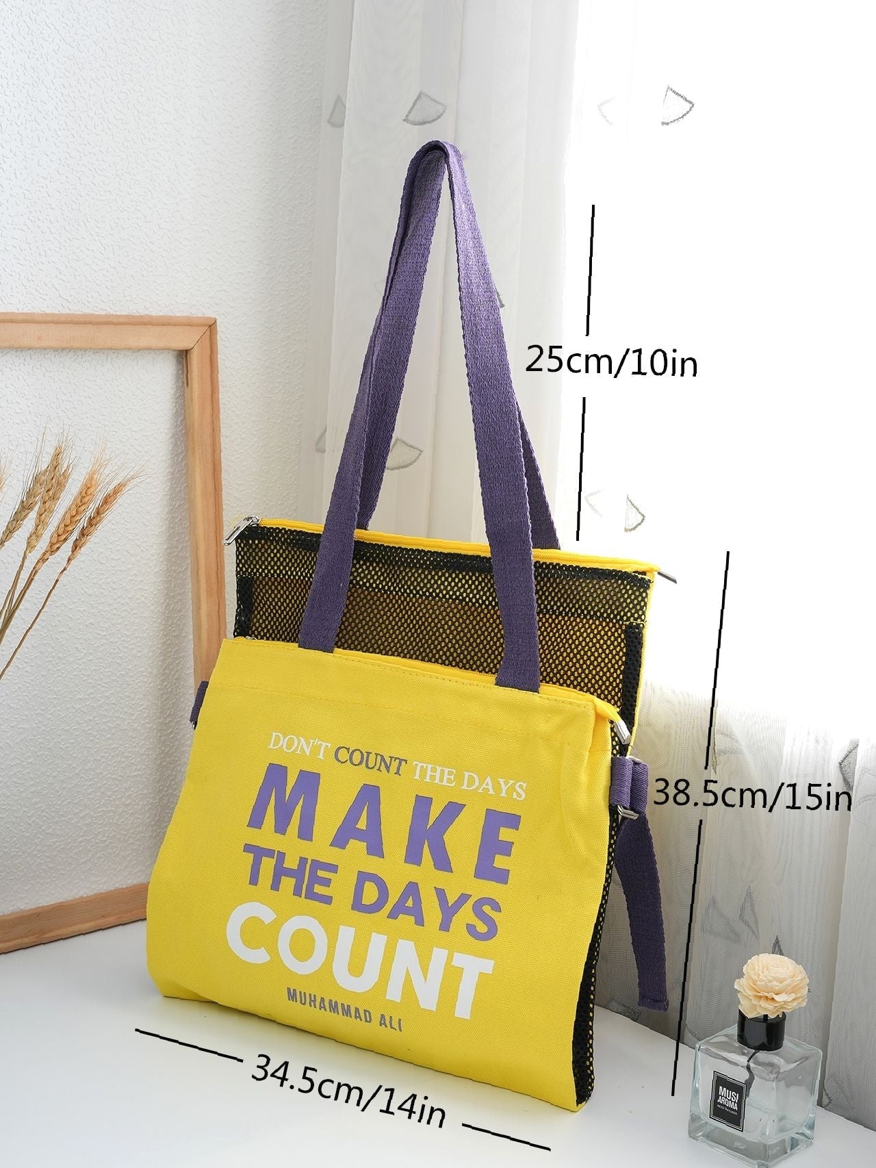 Futurecen - Slogan Graphic Mesh Panel Shoulder Tote Bag  - Women Tote Bags