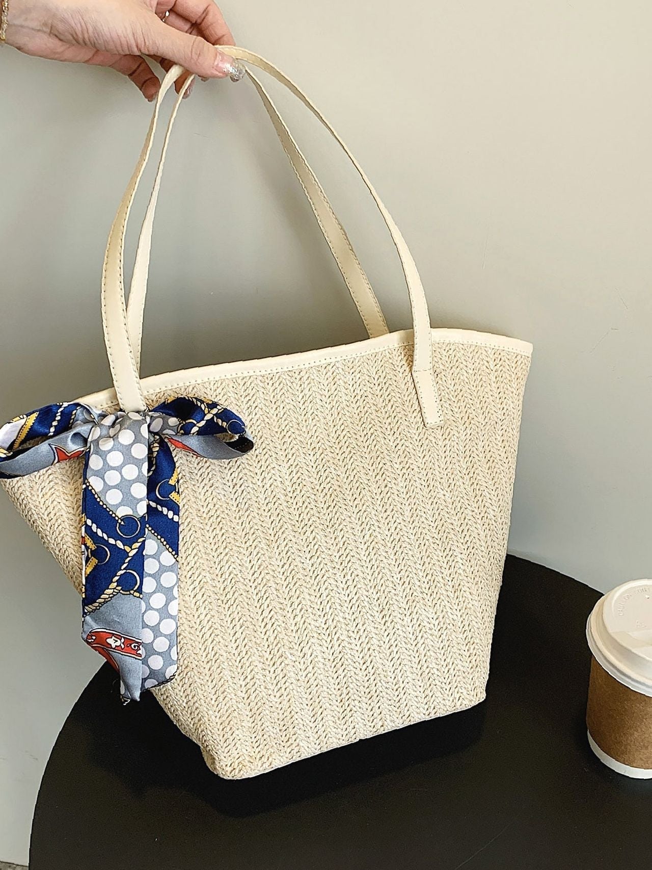 Futurecen - Twilly Scarf Decor Straw Bag  - Women Tote Bags