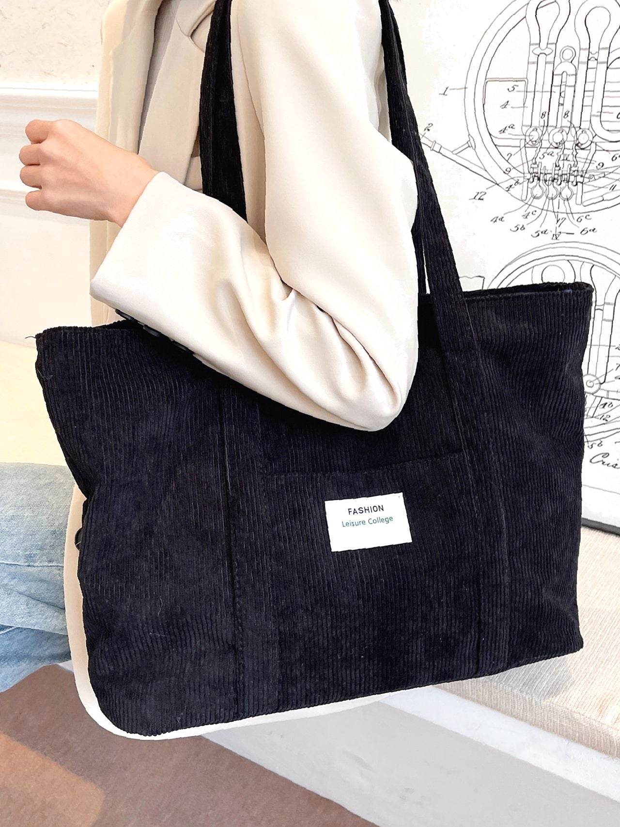 Futurecen - Letter Patch Corduroy Tote Bag  - Women Tote Bags