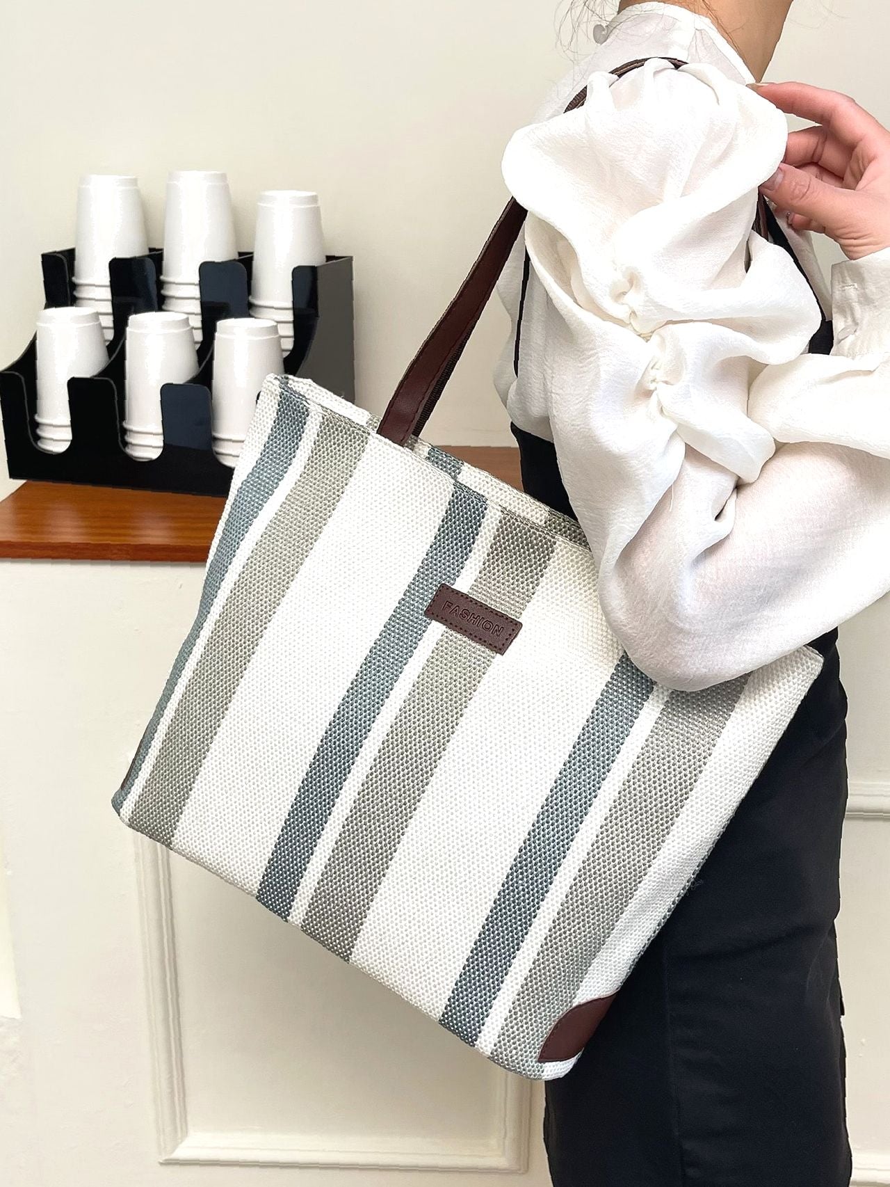 Futurecen - Striped Pattern Letter Patch Shoulder Tote Bag  - Women Tote Bags