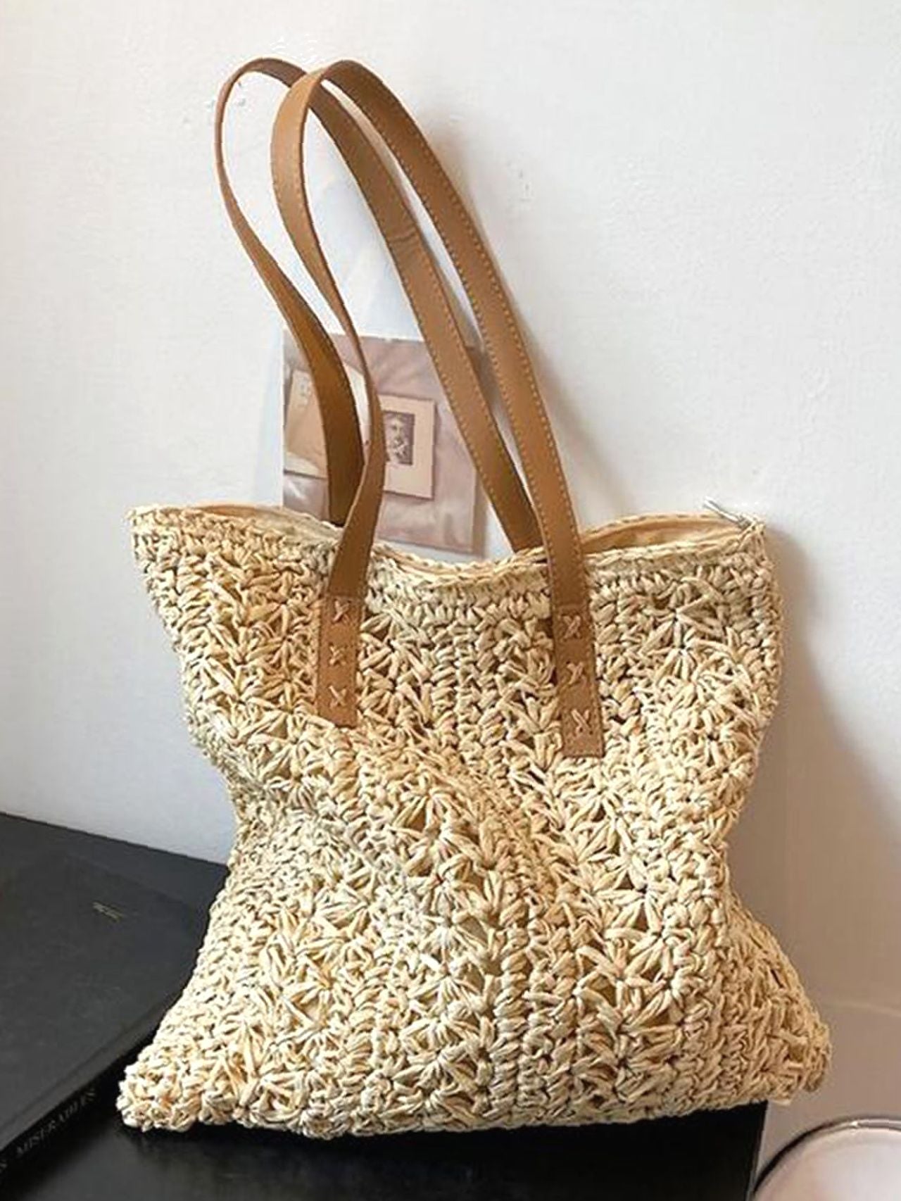 Futurecen - Minimalist Braided Detail Straw Bag  - Women Tote Bags