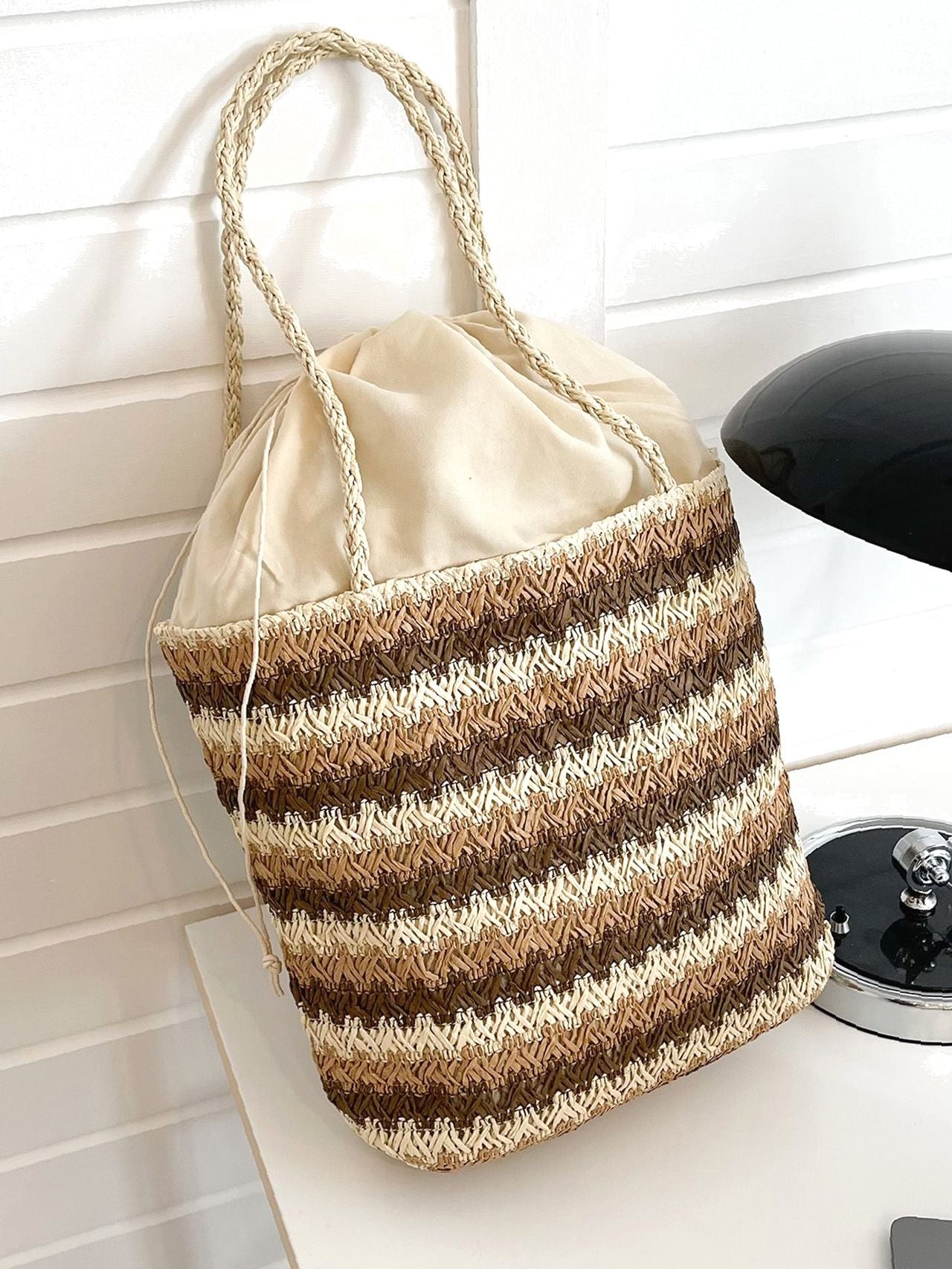 Futurecen - Colorblock Drawstring Decor Straw Bag  - Women Tote Bags