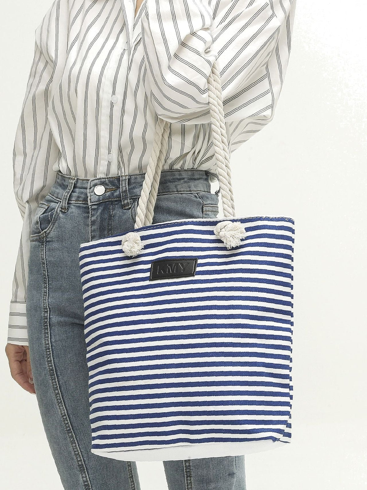 Futurecen - Striped Pattern Patch Decor Shoulder Tote Bag  - Women Tote Bags