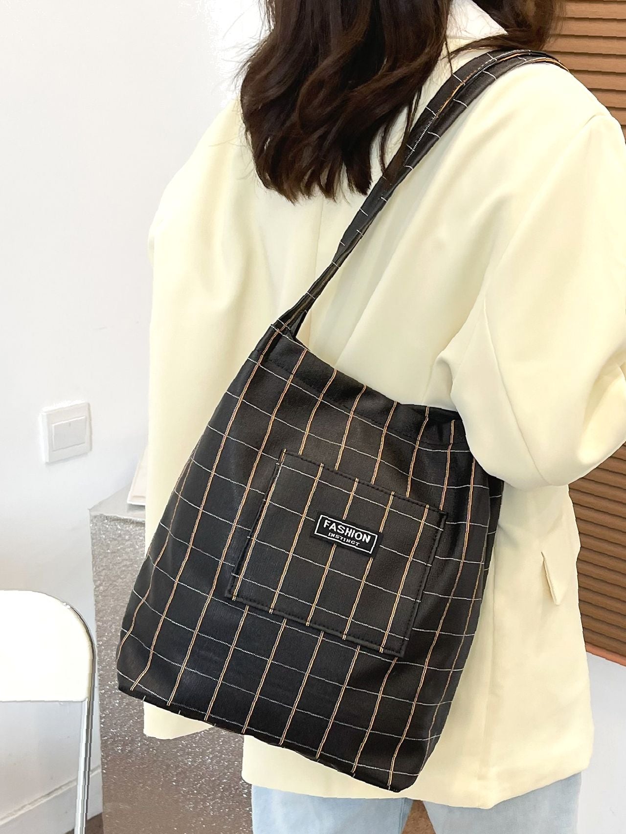 Futurecen - Letter Patched Detail Plaid Pattern Shoulder Tote Bag  - Women Tote Bags