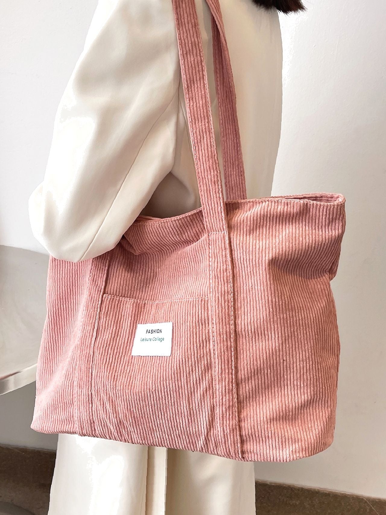 Futurecen - Letter Patch Corduroy Tote Bag  - Women Tote Bags