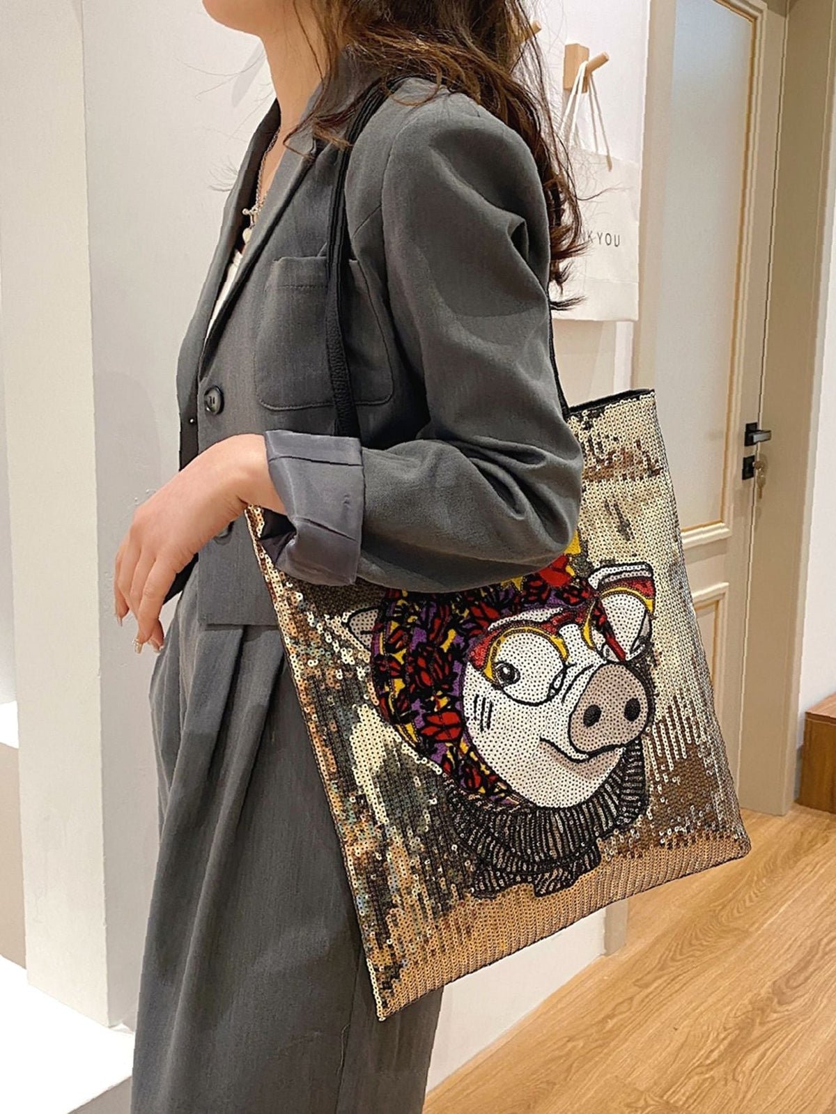 Futurecen - Sequin Decor Cartoon Pig Pattern Shoulder Tote Bag  - Women Tote Bags