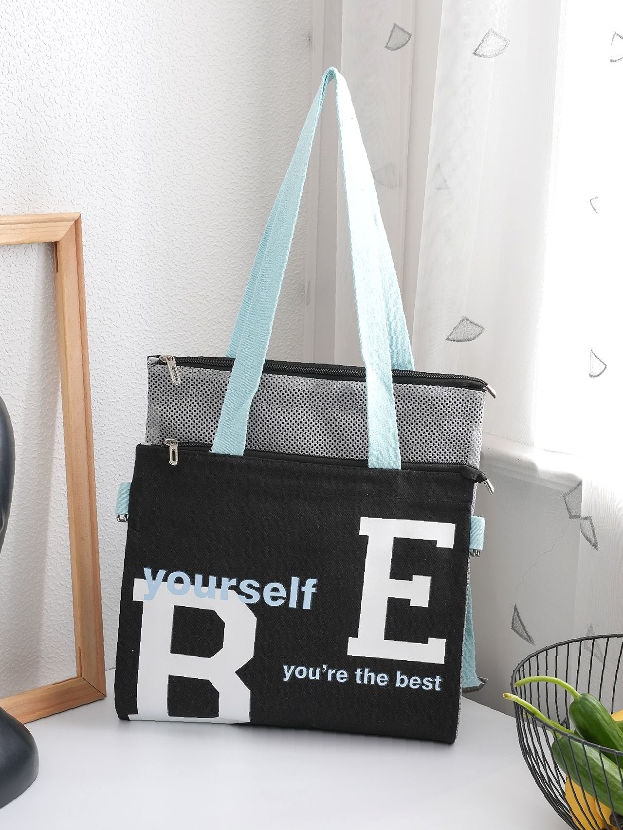 Futurecen - Slogan Graphic Mesh Panel Shoulder Tote Bag  - Women Tote Bags