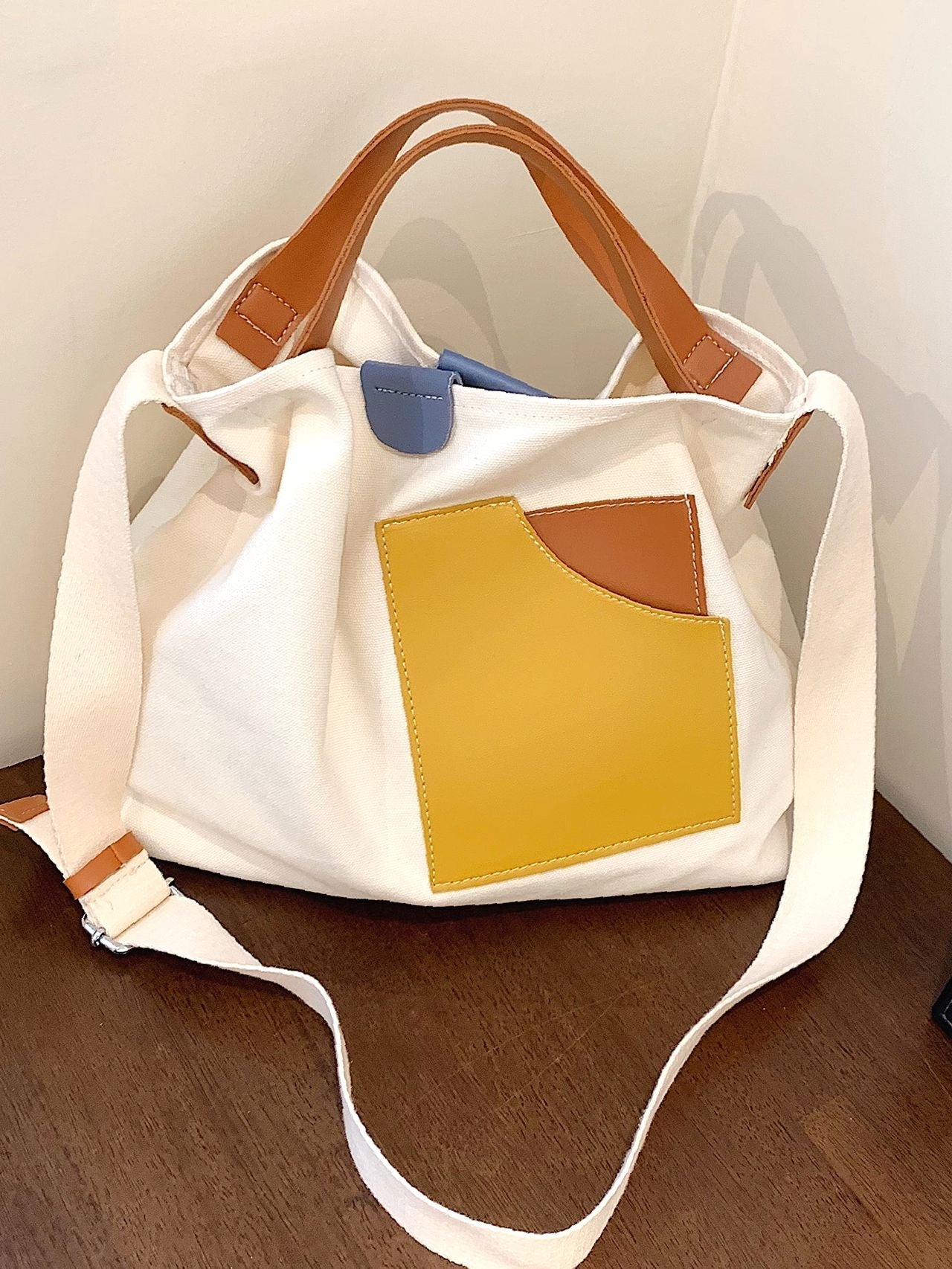 Futurecen - Colorblock Canvas Top Handle Tote Bag  - Women Tote Bags