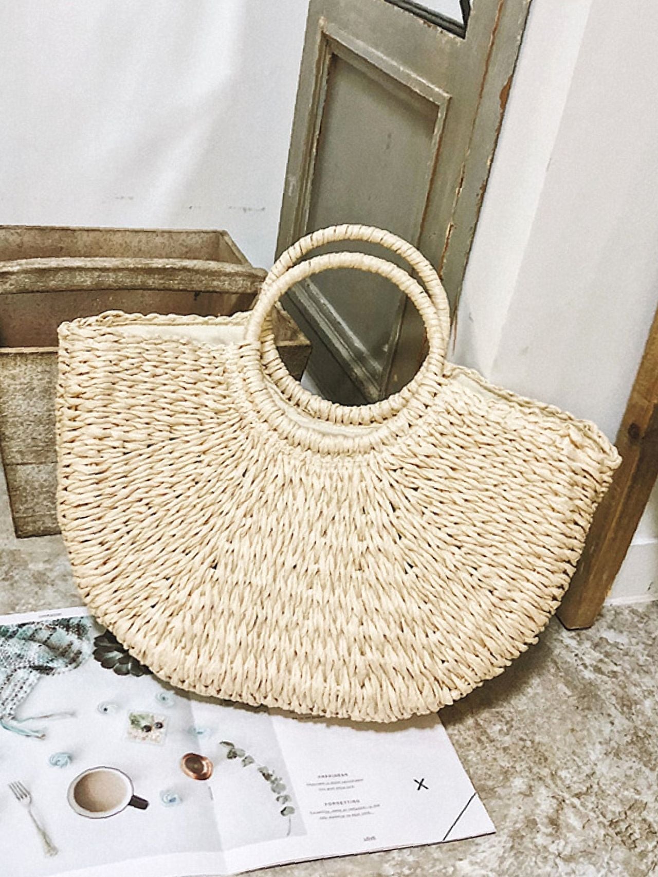 Futurecen - Ring Handle Design Straw Bag  - Women Tote Bags