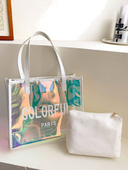 Futurecen - Letter Graphic Holographic Shoulder Tote Bag with Inner Pouch  - Women Tote Bags