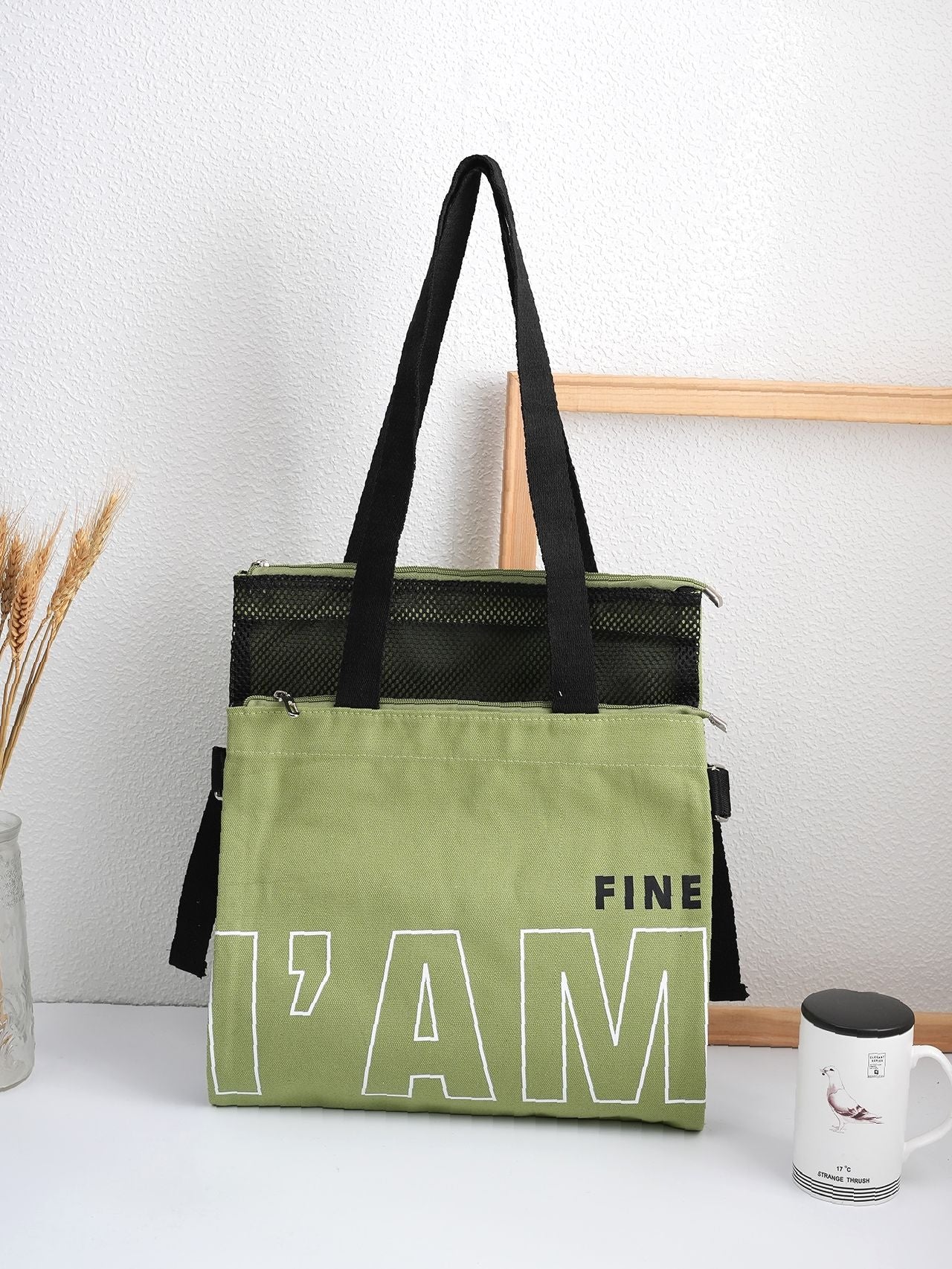 Futurecen - Slogan Graphic Mesh Panel Shoulder Tote Bag  - Women Tote Bags