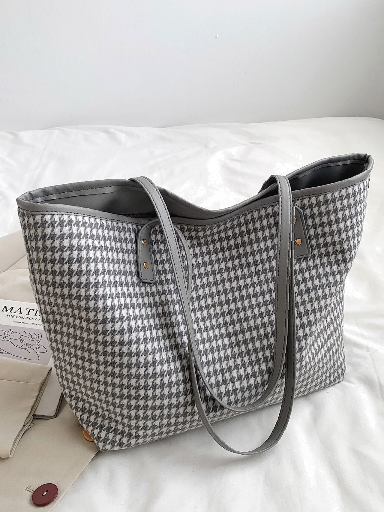 Futurecen - Houndstooth Pattern Shoulder Tote Bag  - Women Tote Bags