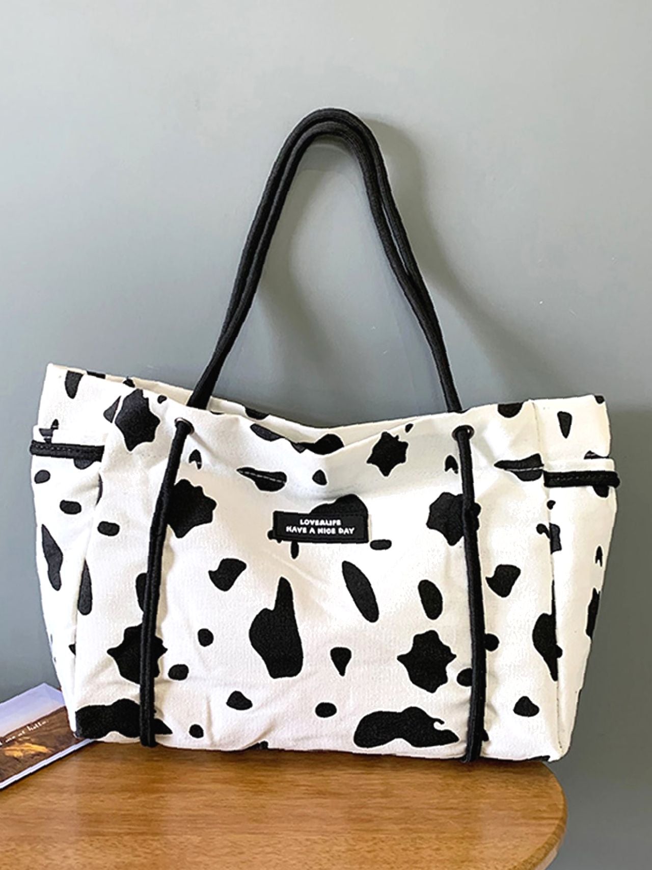 Futurecen - Cow Pattern Letter Patch Shopper Bag  - Women Tote Bags