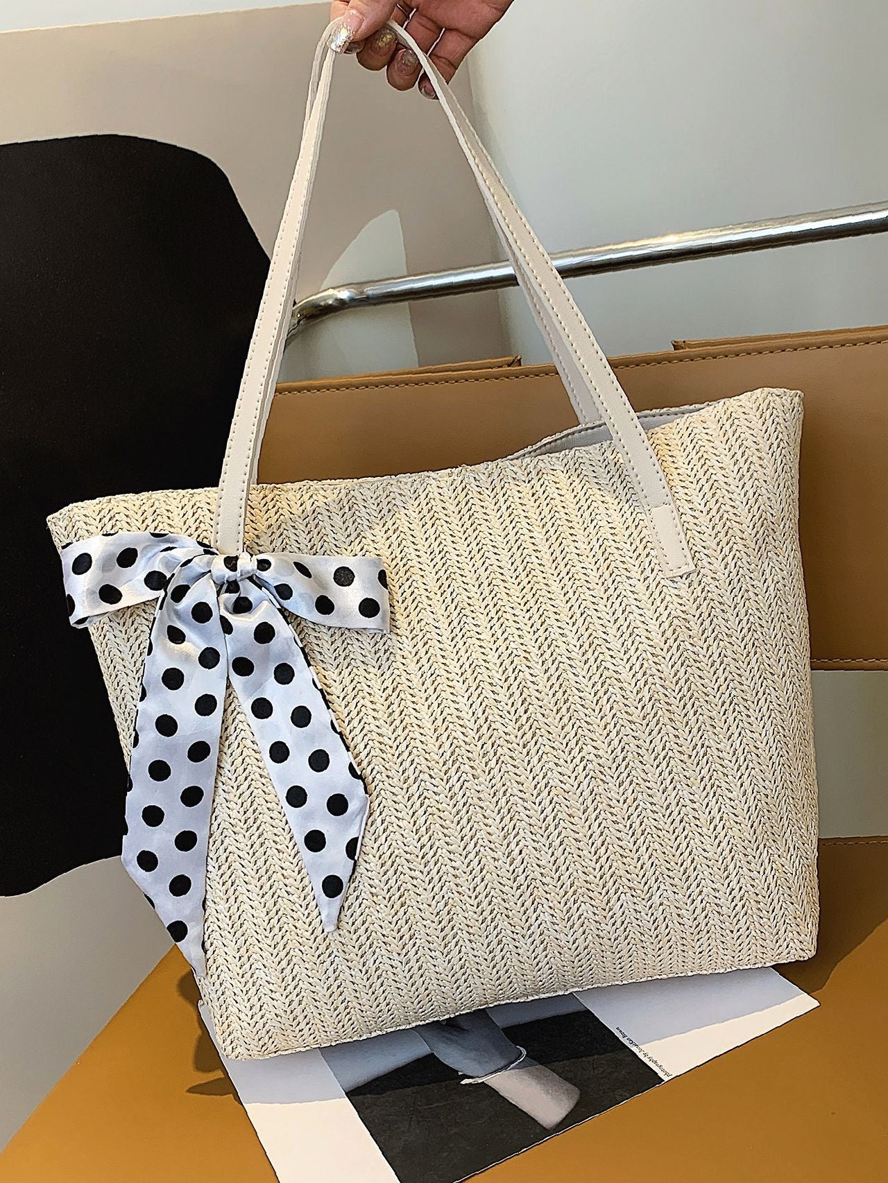 Futurecen - Polka Dot Bow Decor Straw Bag  - Women Tote Bags