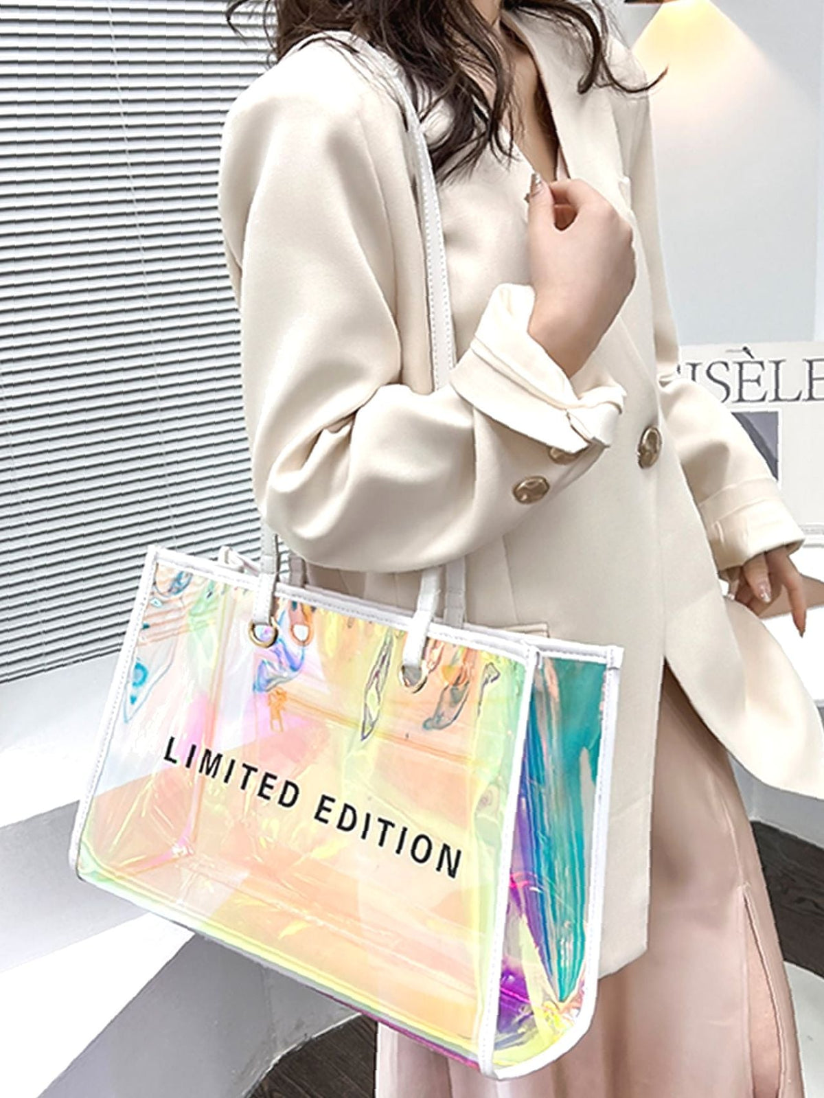 Futurecen - Holographic Pattern Letter Graphic Shoulder Tote Bag  - Women Tote Bags