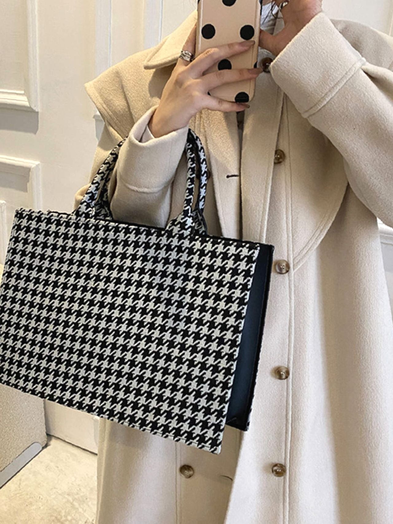 Futurecen - Allover Houndstooth Top Handle Bag  - Women Tote Bags