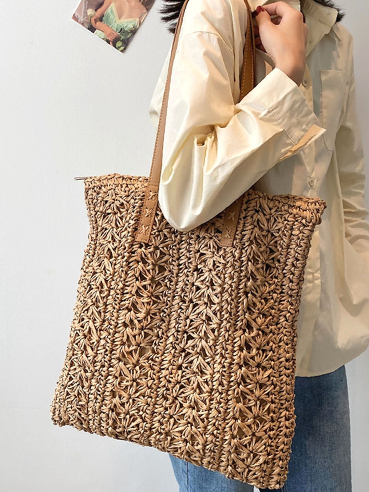 Futurecen - Minimalist Braided Detail Straw Bag  - Women Tote Bags