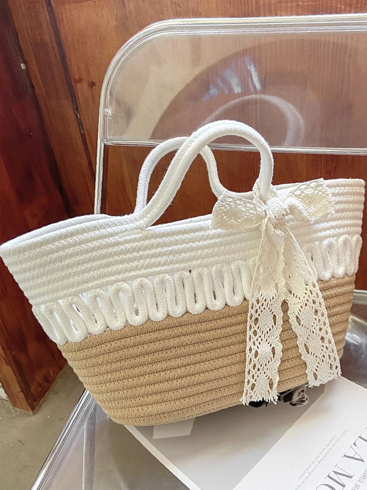 Futurecen - Bow Decor Straw Bag  - Women Tote Bags