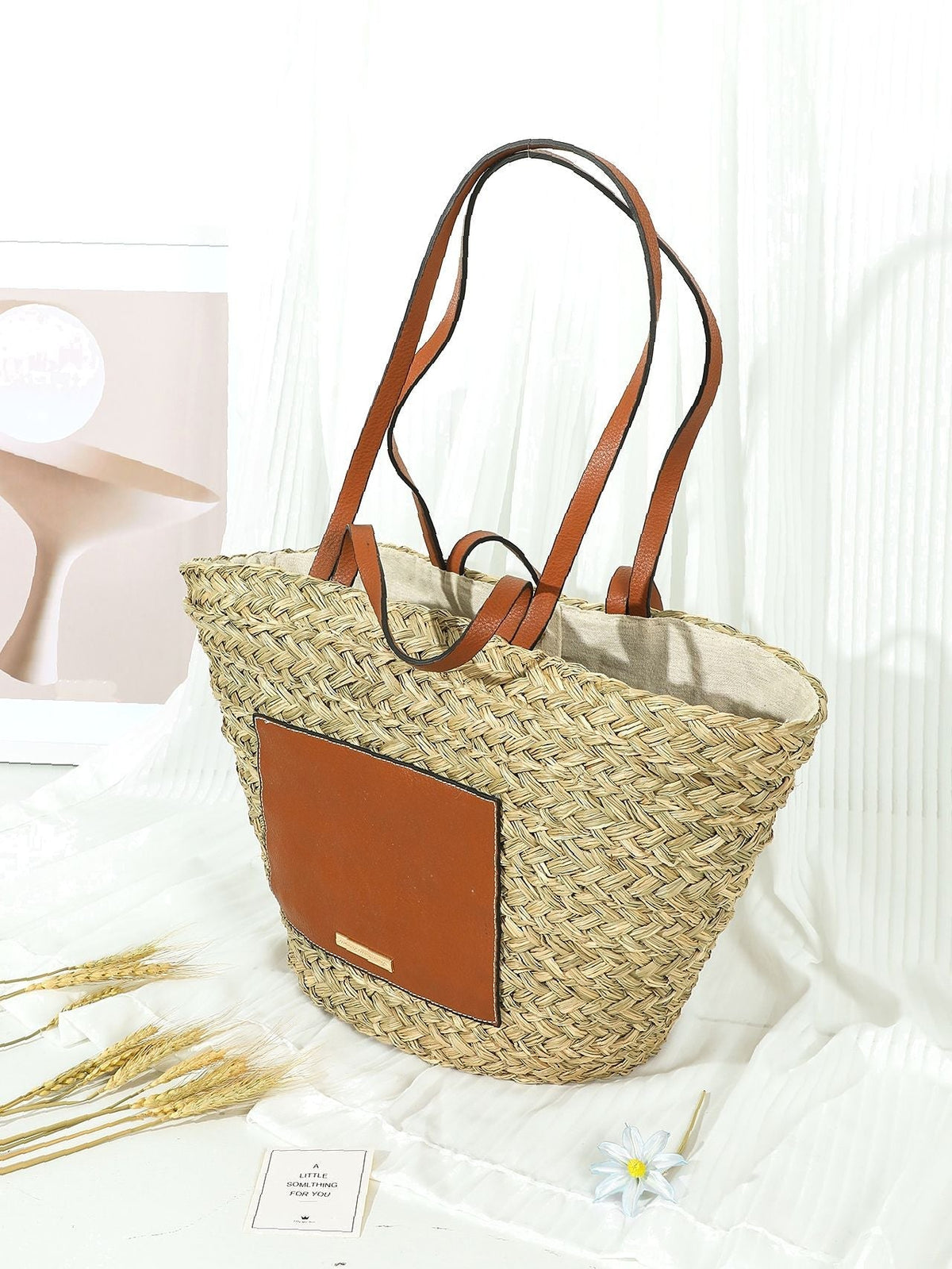 Futurecen - PU Patch Large Capacity Straw Bag  - Women Tote Bags