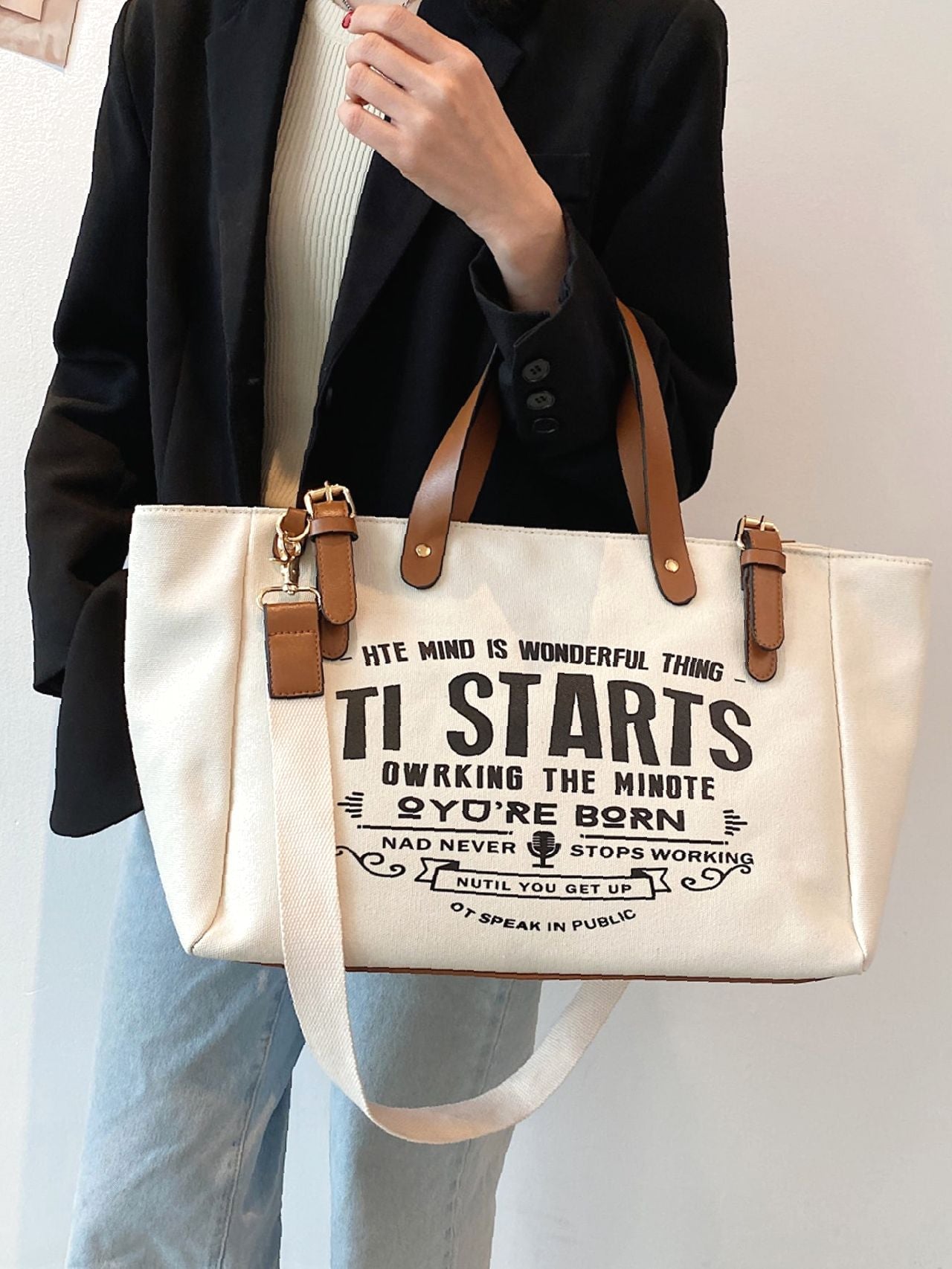 Futurecen - Letter Graphic Satchel Tote Bag  - Women Tote Bags