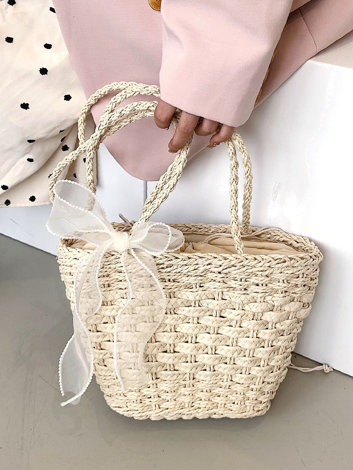 Futurecen - Bow Decor Straw Bag  - Women Tote Bags