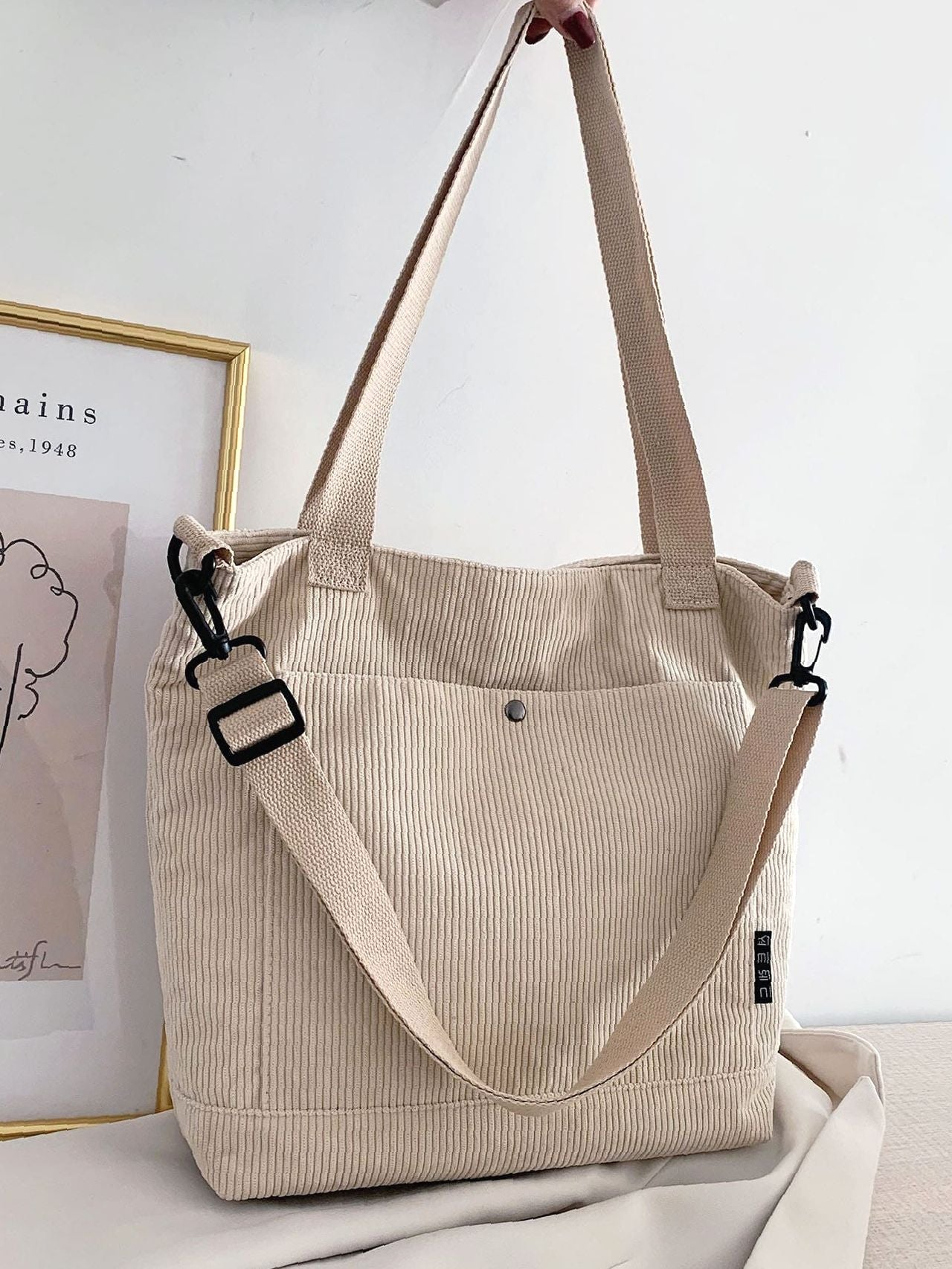 Futurecen - Pocket Front Corduroy Shoulder Tote Bag  - Women Tote Bags