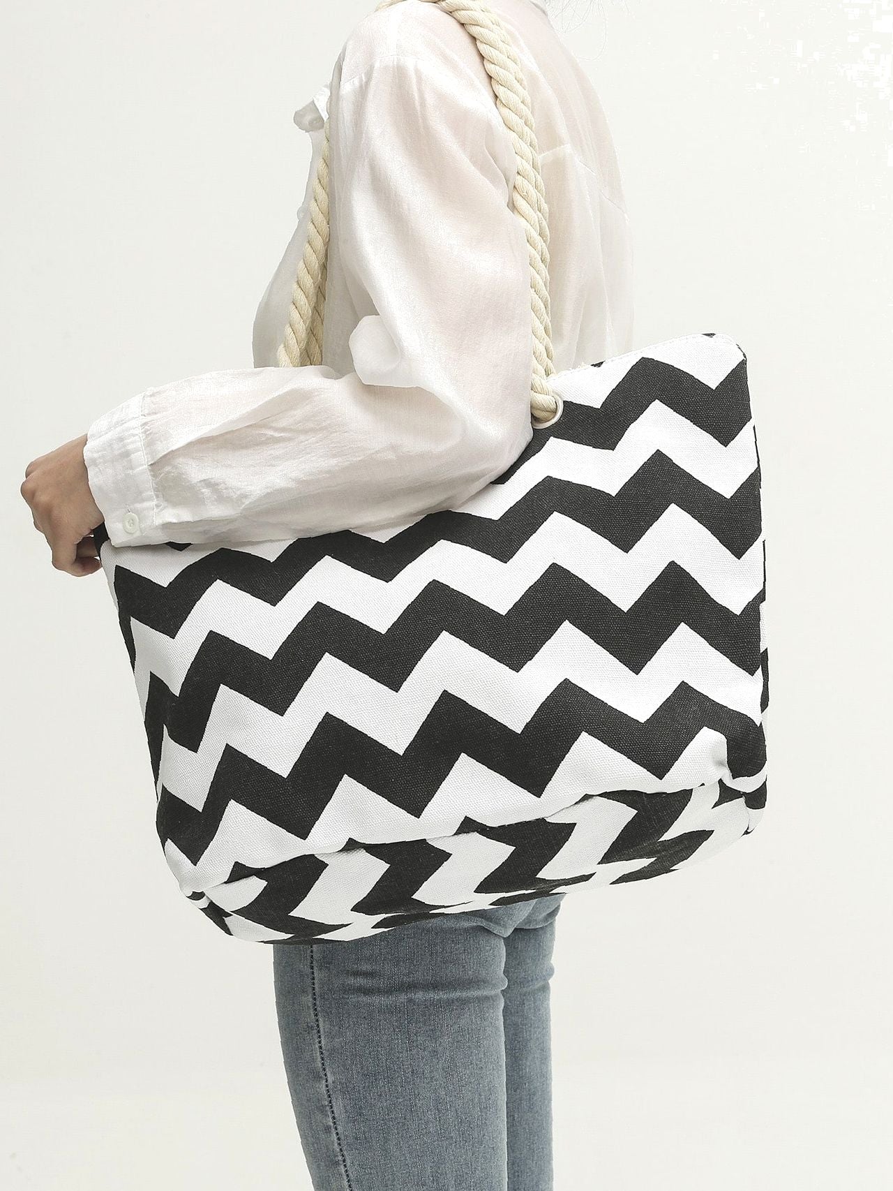 Futurecen - Chevron Graphic Canvas Shoulder Tote Bag  - Women Tote Bags