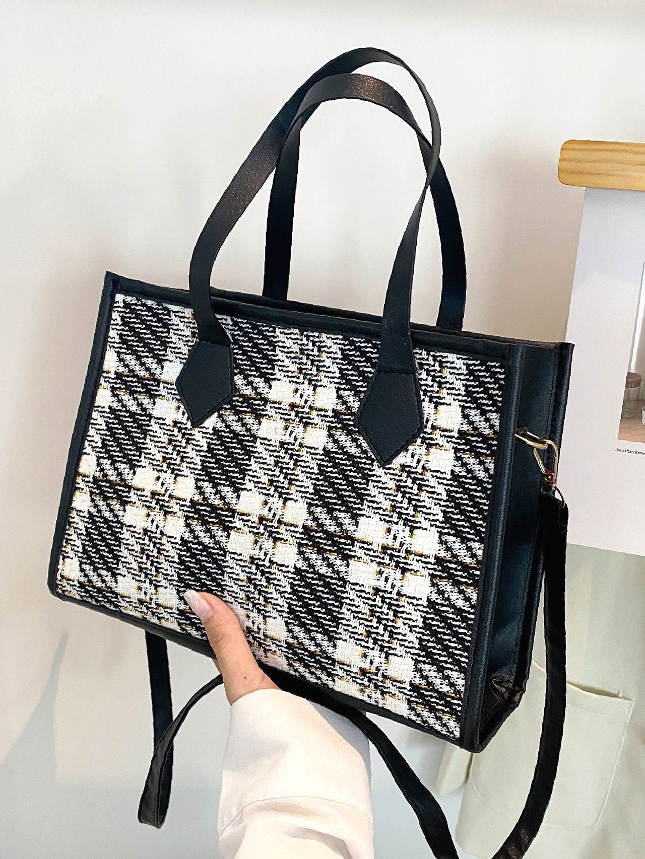 Futurecen - Contrast Binding Plaid Tote Bag  - Women Tote Bags