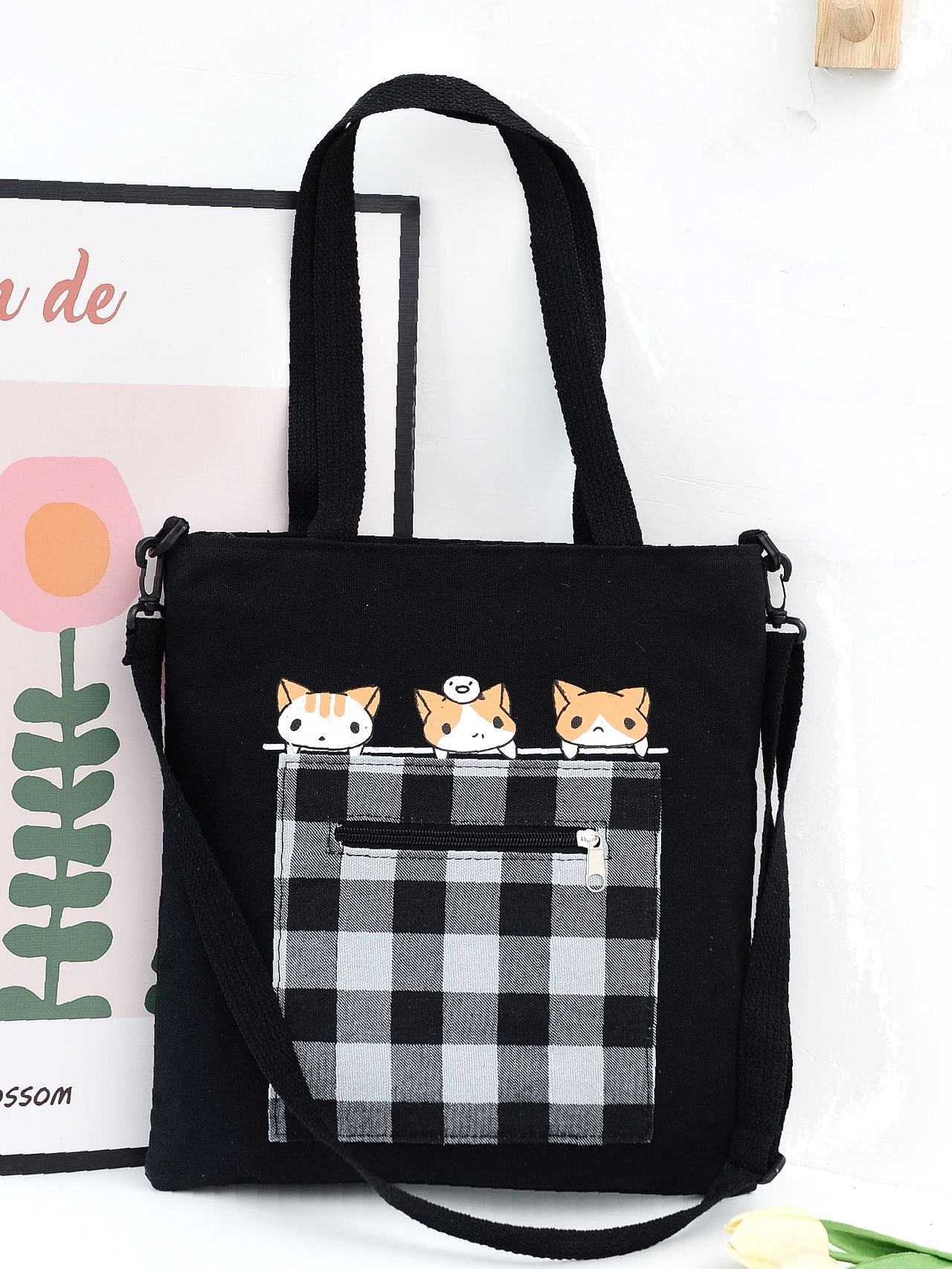 Futurecen - Cartoon & Plaid Pattern Tote Bag  - Women Tote Bags