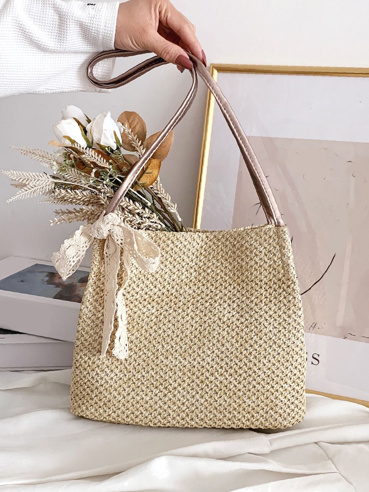 Futurecen - Bow Decor Straw Bag  - Women Tote Bags