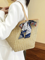 Futurecen - Twilly Scarf Decor Straw Bag  - Women Tote Bags