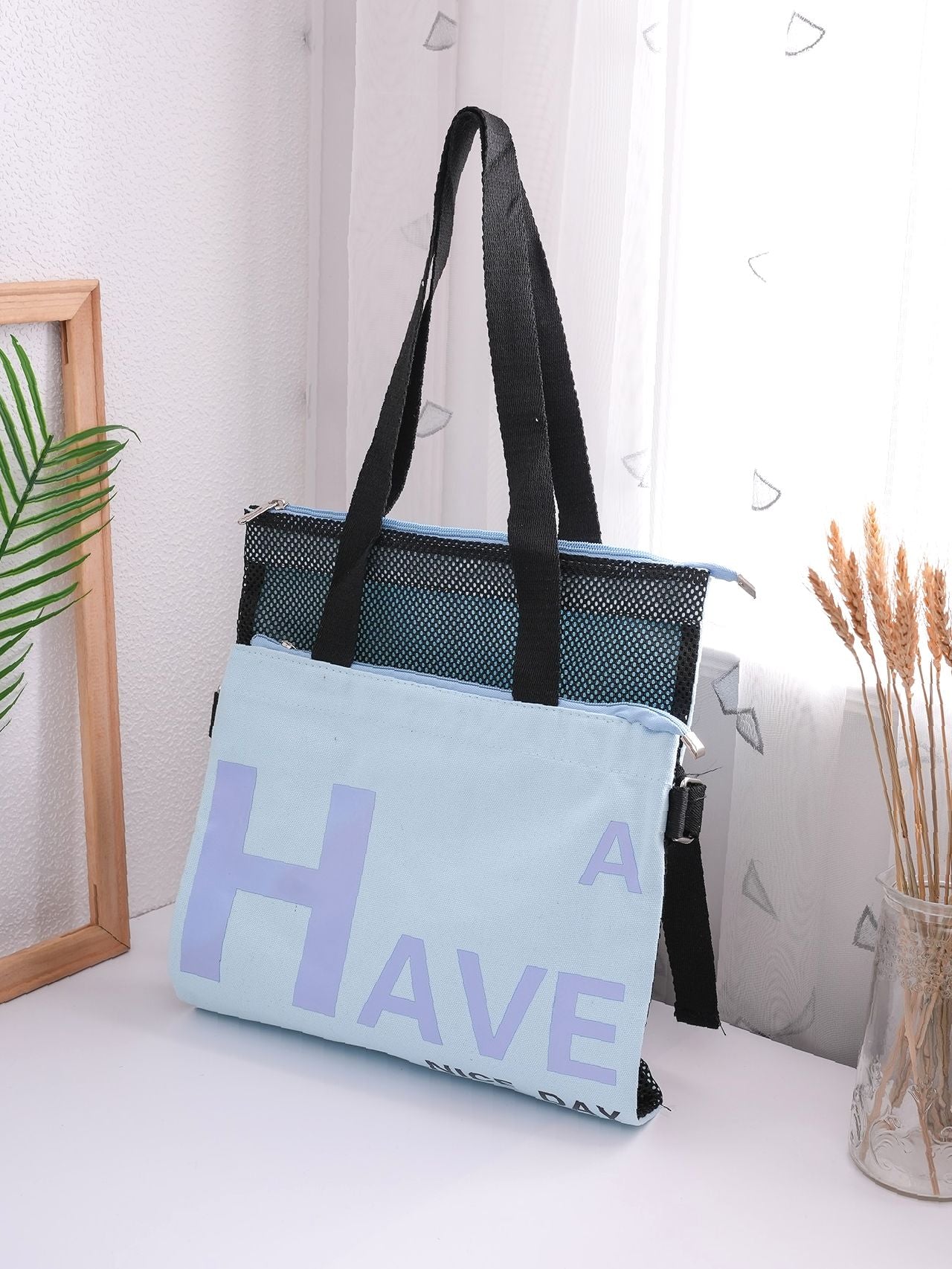 Futurecen - Slogan Graphic Mesh Panel Shoulder Tote Bag  - Women Tote Bags