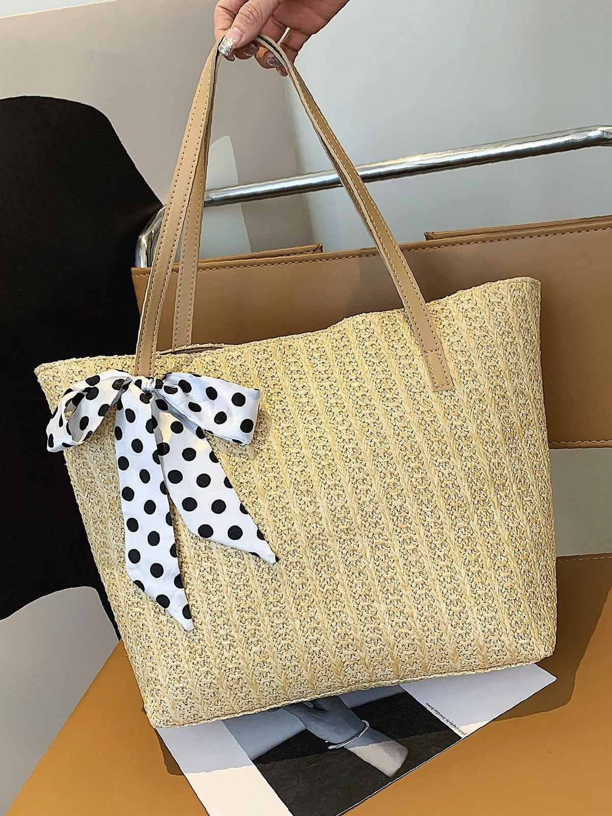 Futurecen - Polka Dot Bow Decor Straw Bag  - Women Tote Bags