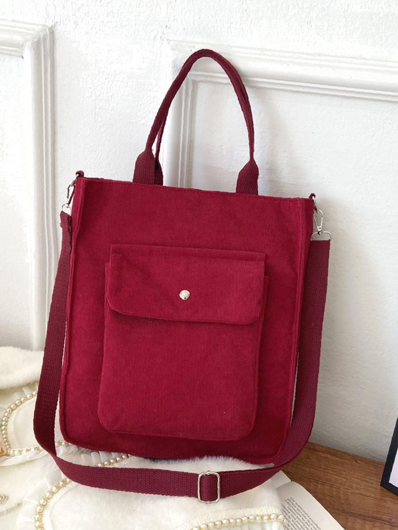 Futurecen - Pocket Front Corduroy Tote Bag  - Women Tote Bags