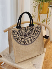 Futurecen - Geometric Print Linen Satchel Bag  - Women Tote Bags