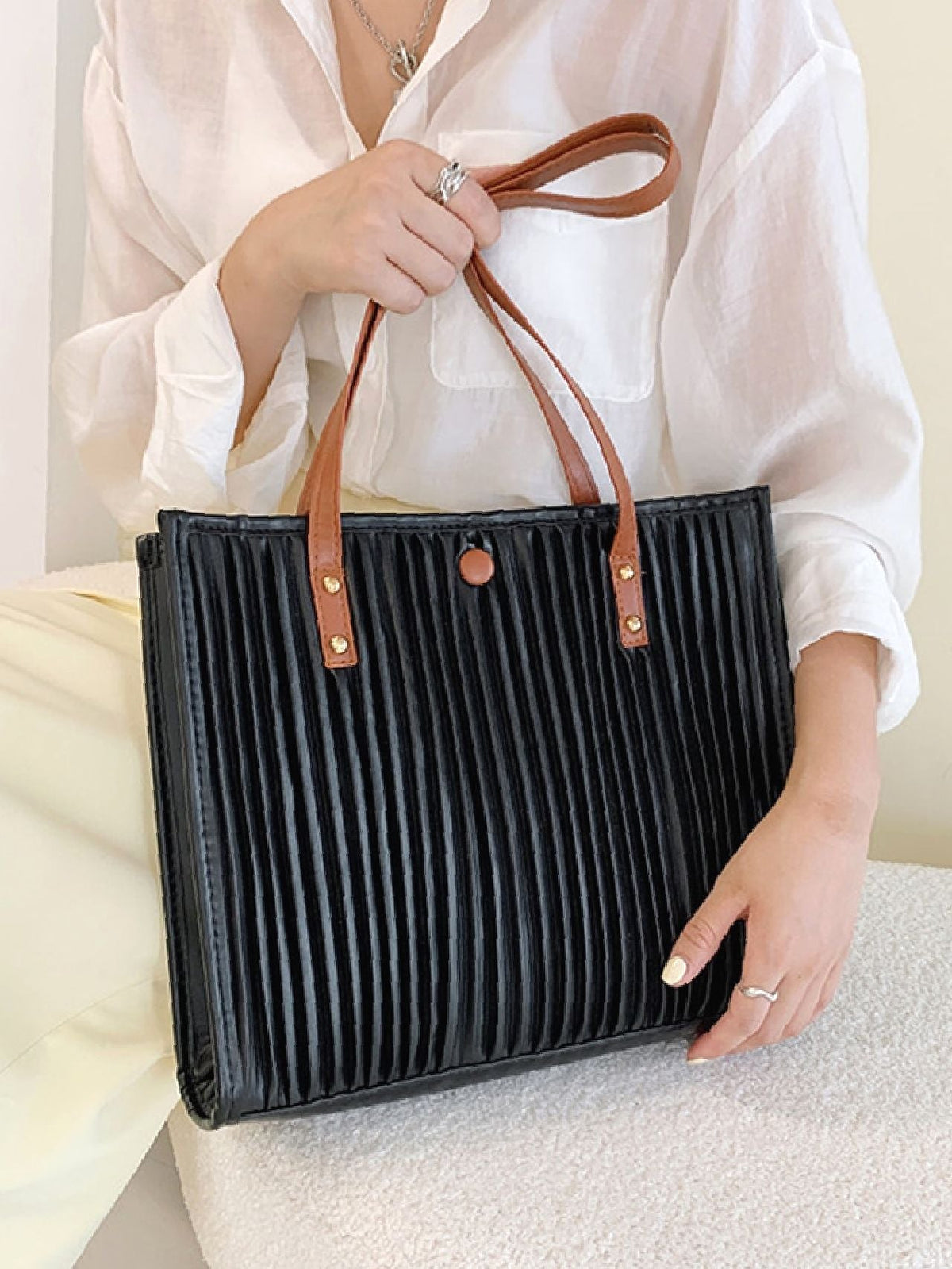 Futurecen - Vertical Striped Shoulder Tote Bag  - Women Tote Bags