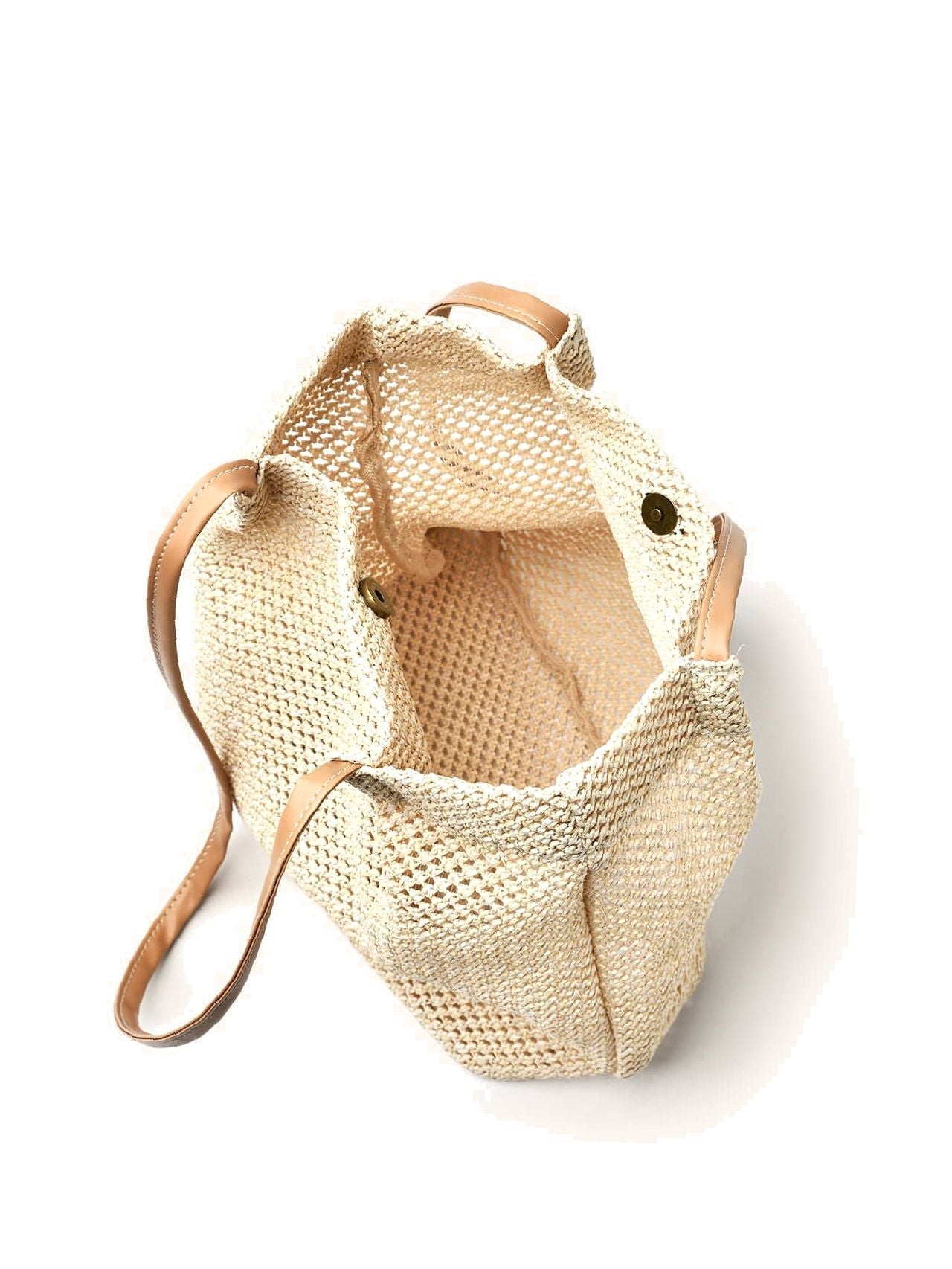 Futurecen - Hollow Out Snap Button Straw Bag  - Women Tote Bags