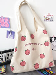 Futurecen - Japanese Letter & Peach Graphic Shopper Bag  - Women Tote Bags