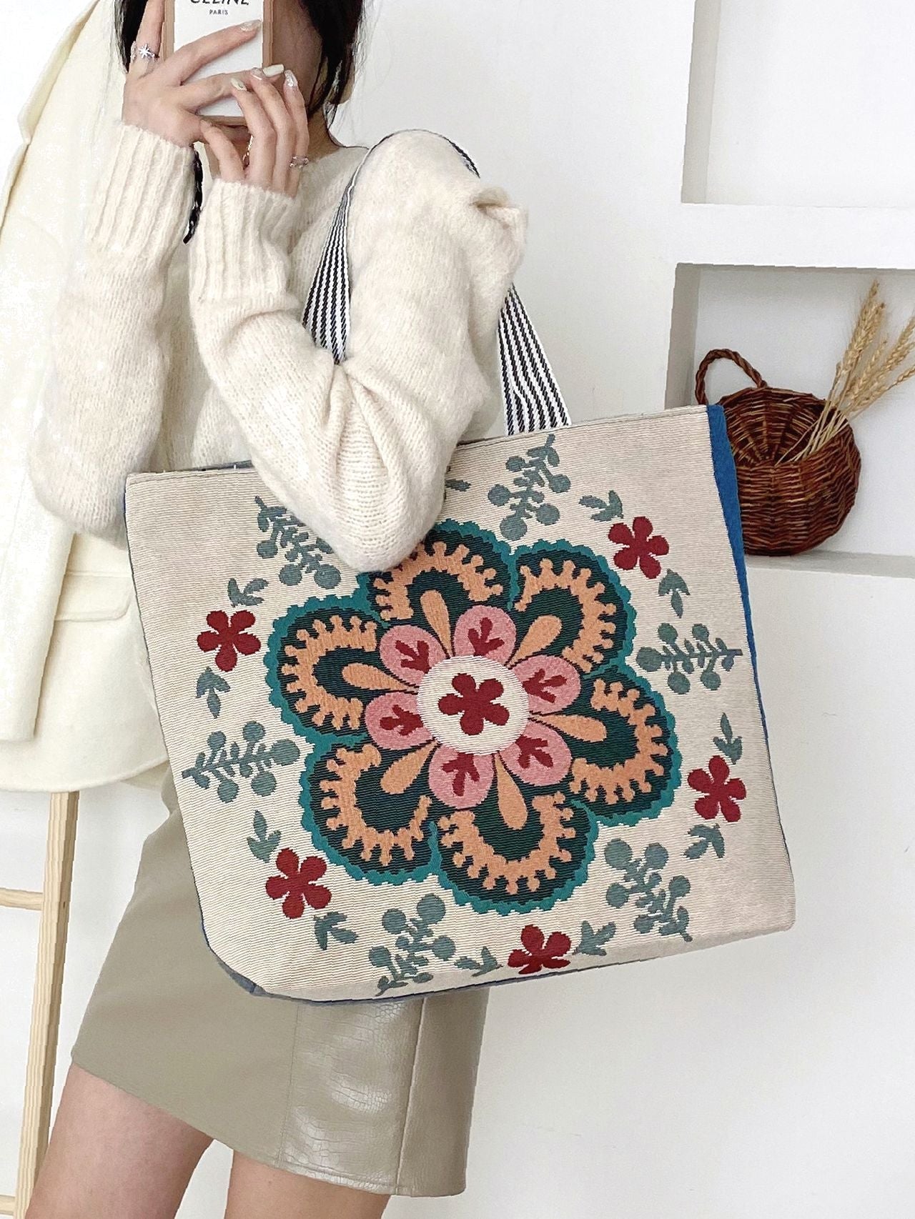 Futurecen - Flower Pattern Canvas Tote Bag  - Women Tote Bags