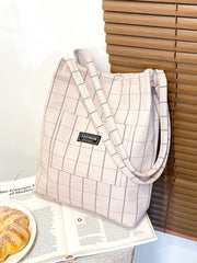 Futurecen - Letter Patched Detail Plaid Pattern Shoulder Tote Bag  - Women Tote Bags