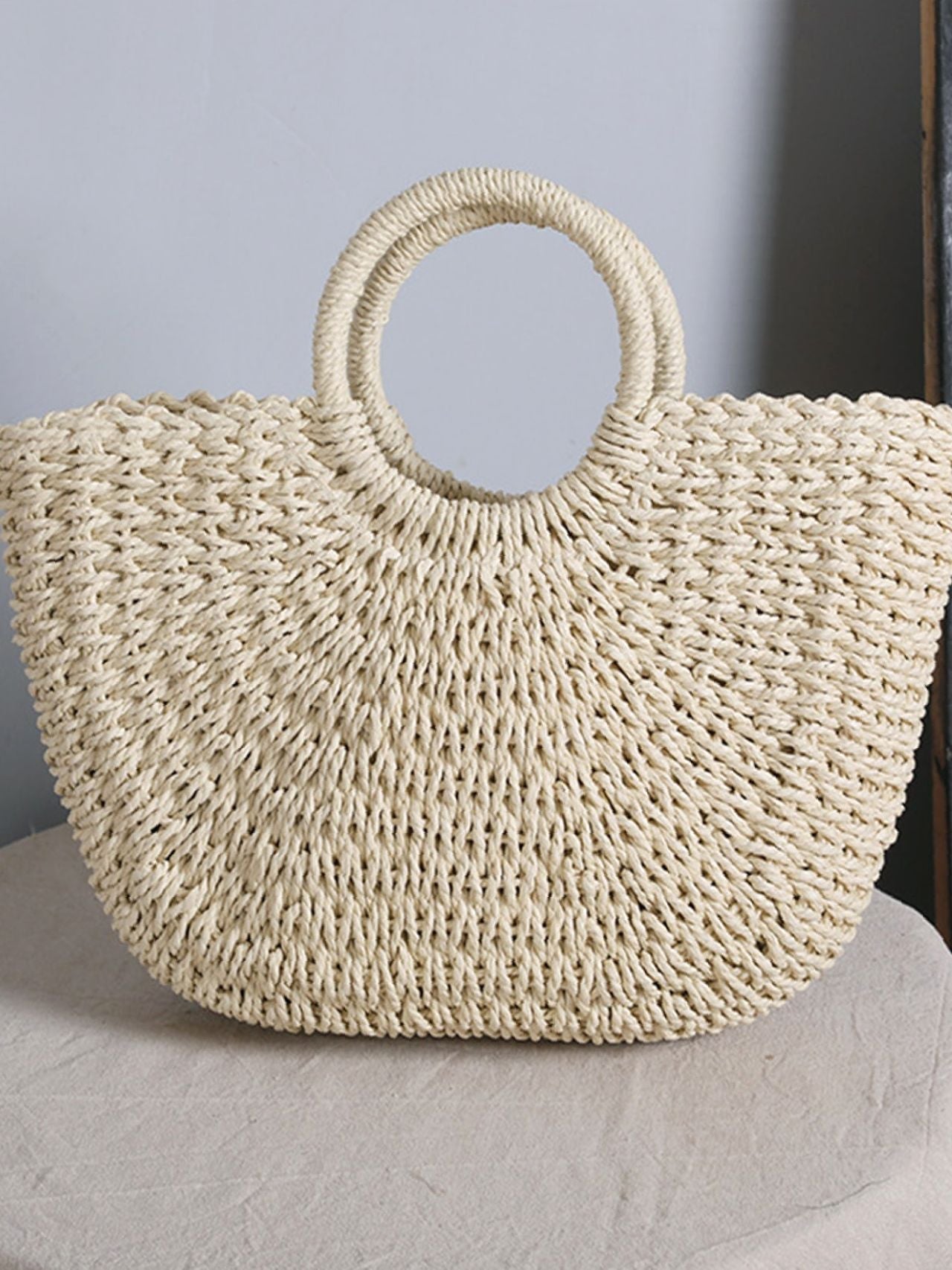 Futurecen - Ring Handle Design Straw Bag  - Women Tote Bags