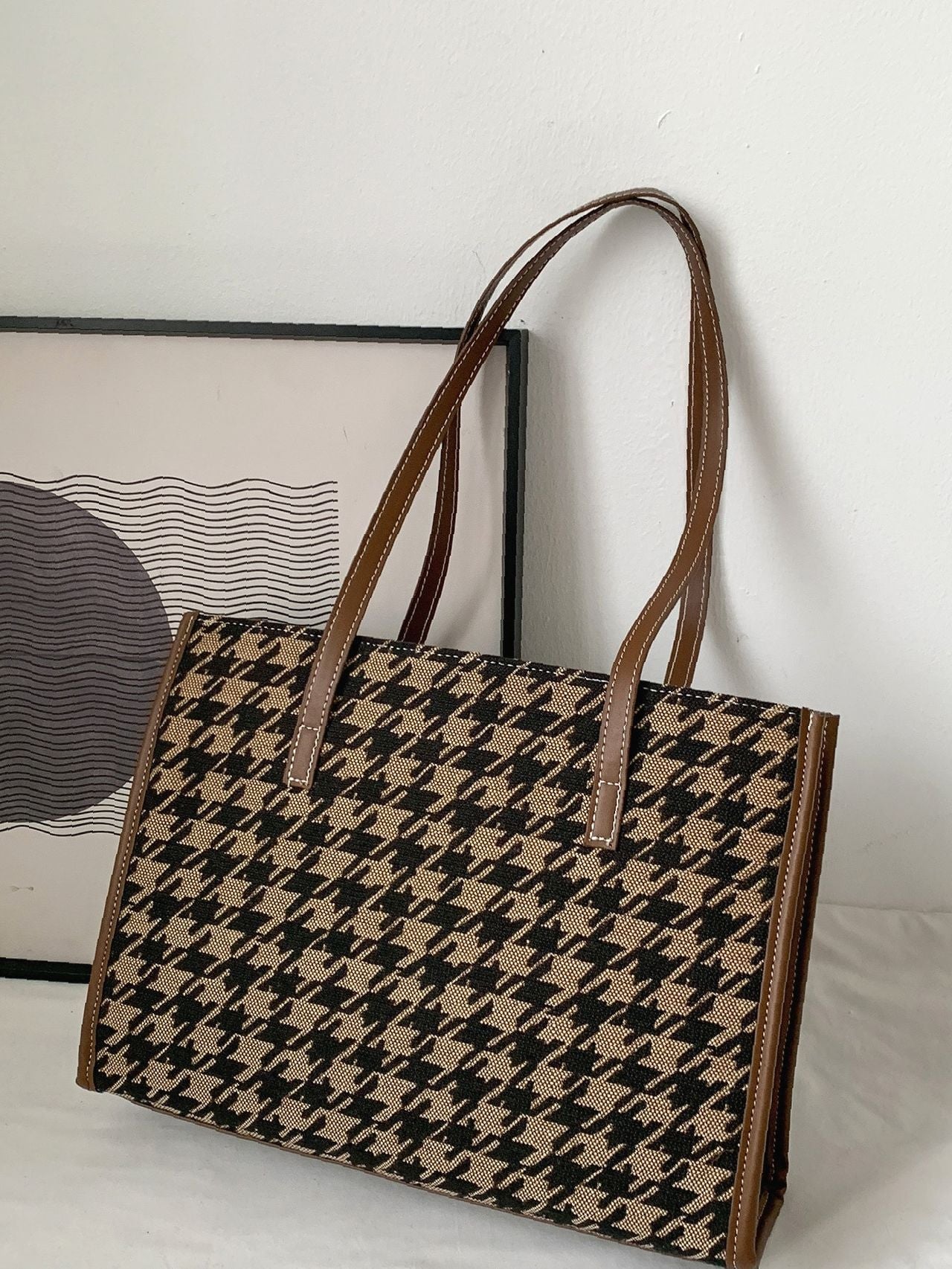 Futurecen - Houndstooth Pattern Shoulder Tote Bag  - Women Tote Bags